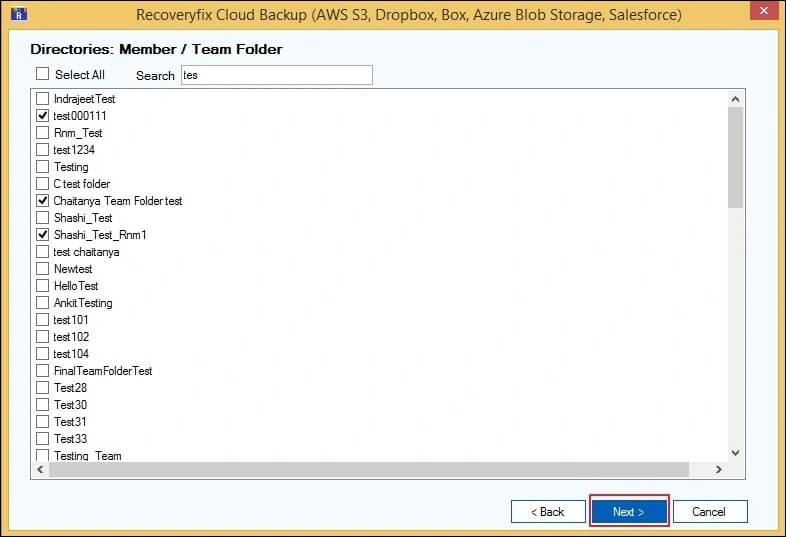 Select data to backup